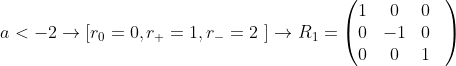a< -2\rightarrow \left [r_0=0,r_+=1,r_-=2\ \right ]\rightarrow R_1=\begin{pmatrix} 1& 0& 0&\\ 0& -1& 0& \\ 0& 0& 1& \end{pmatrix}